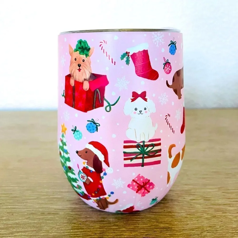 Christmas Dogs Pink Holiday Clementine Wine Glass Tumbler Mug
